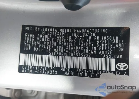 2017 Toyota Corolla Se z USA, uszkodzony, nr VIN 5YFBURHE3HP575227